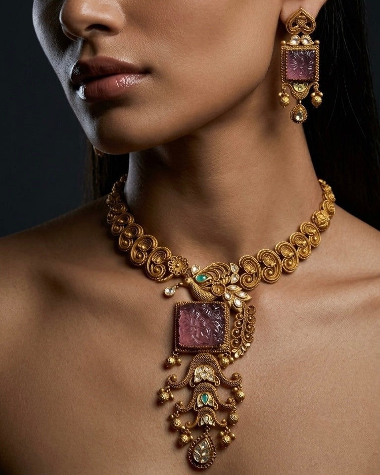 Antique Gold Necklace Set with Carved Pink Stone