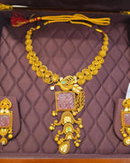 Antique Gold Necklace Set with Carved Pink Stone