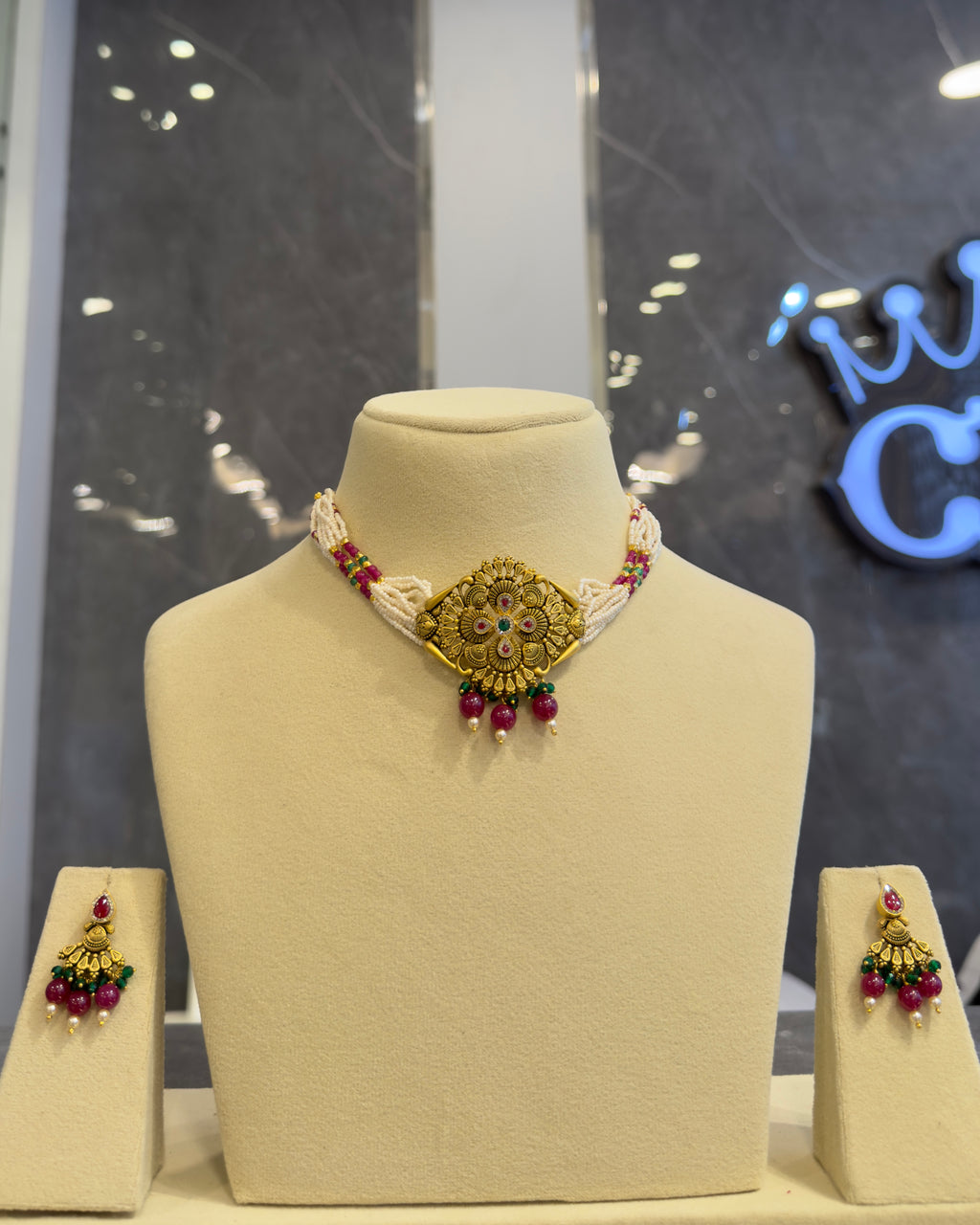 Gold Pearl & Ruby Choker Set