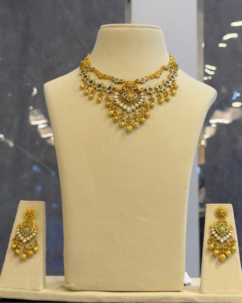 Antique Gold Emerald & Pearl Necklace Set
